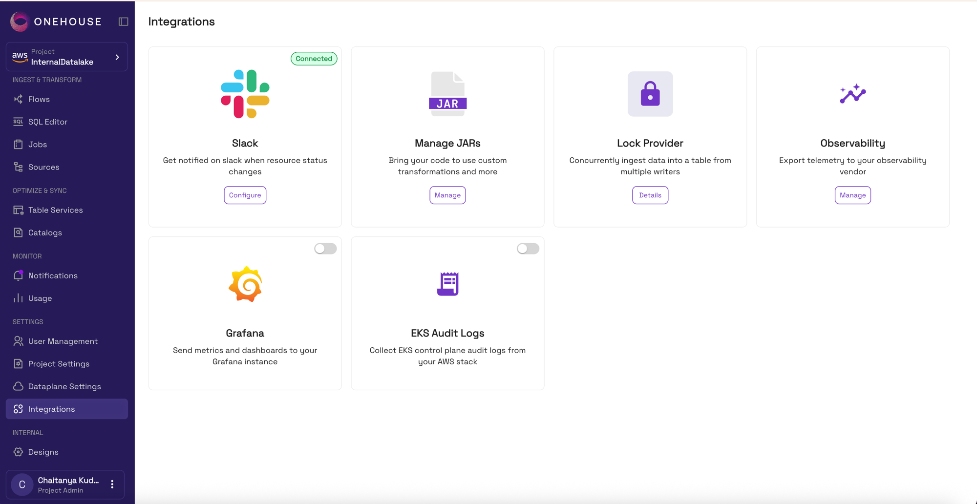 The Integrations page, with the Observability card