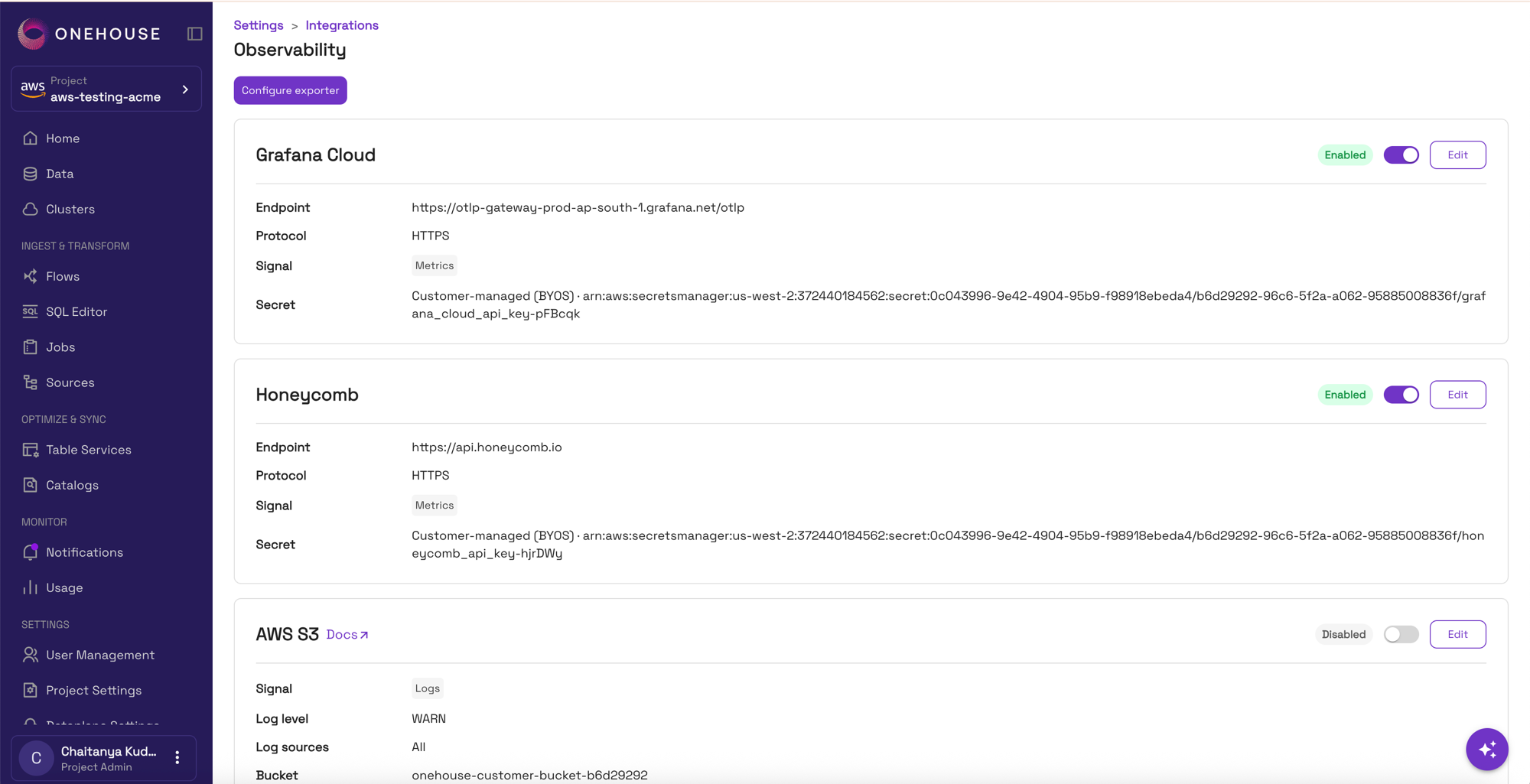 The Observability page listing configured exporters
